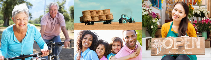 collage of families, car, farms and businesses.